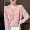 Sheer Sleeve V-Neck Knitwear: Spring/Summer Hollowed-Out Women’s Versatile Base for Elegant Mom Style