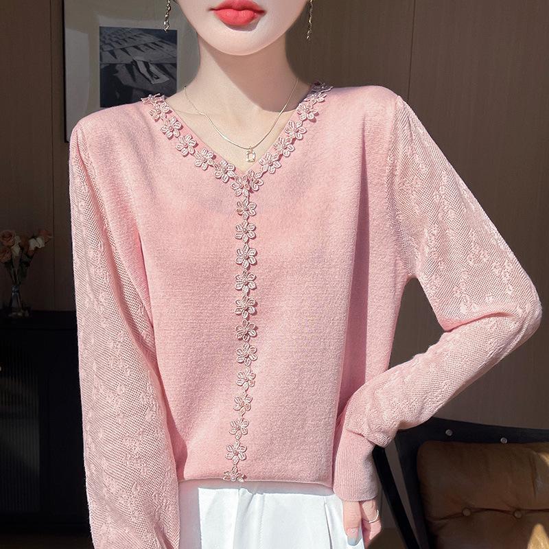 Sheer Sleeve V-Neck Knitwear: Spring/Summer Hollowed-Out Women’s Versatile Base for Elegant Mom Style