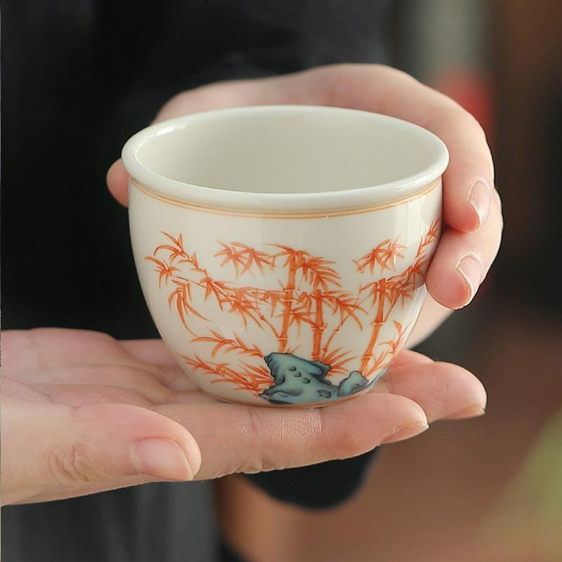 Hand Painted Red Bamboo Ceramic Teacup Chinese Style Creative Household Chinese Kungfu Teaware Master Cups Decoration New