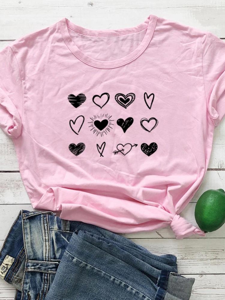 Three Rows Heart Print Women T Shirt Short Sleeve O Neck Loose Women Tshirt Ladies Tee Shirt Tops Clothes Camisetas Mujer