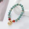 Natural Green Quartz Bead Bracelet for Women Retro Gold Plated Flower Pendant