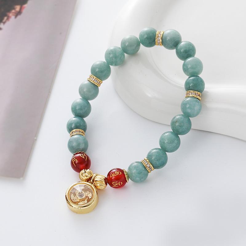Natural Green Quartz Bead Bracelet for Women Retro Gold Plated Flower Pendant