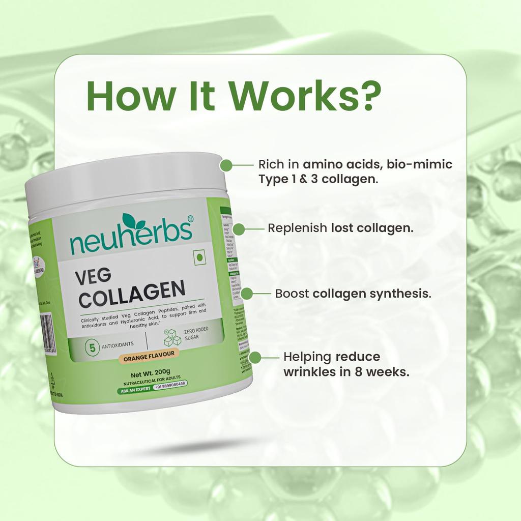 Neuherbs Veg Collagen Supplement Powder Orange Flavour For Youthful Glowing Skin Elasticity Hydration 200 g Pack Of 1