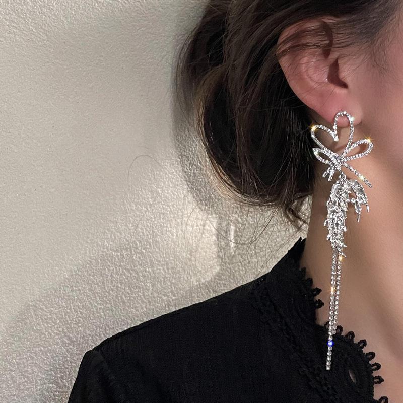 Silver Needle Diamond Heart Earrings: European & American Fashion Long Tassel Bow, Vintage Style for Women.