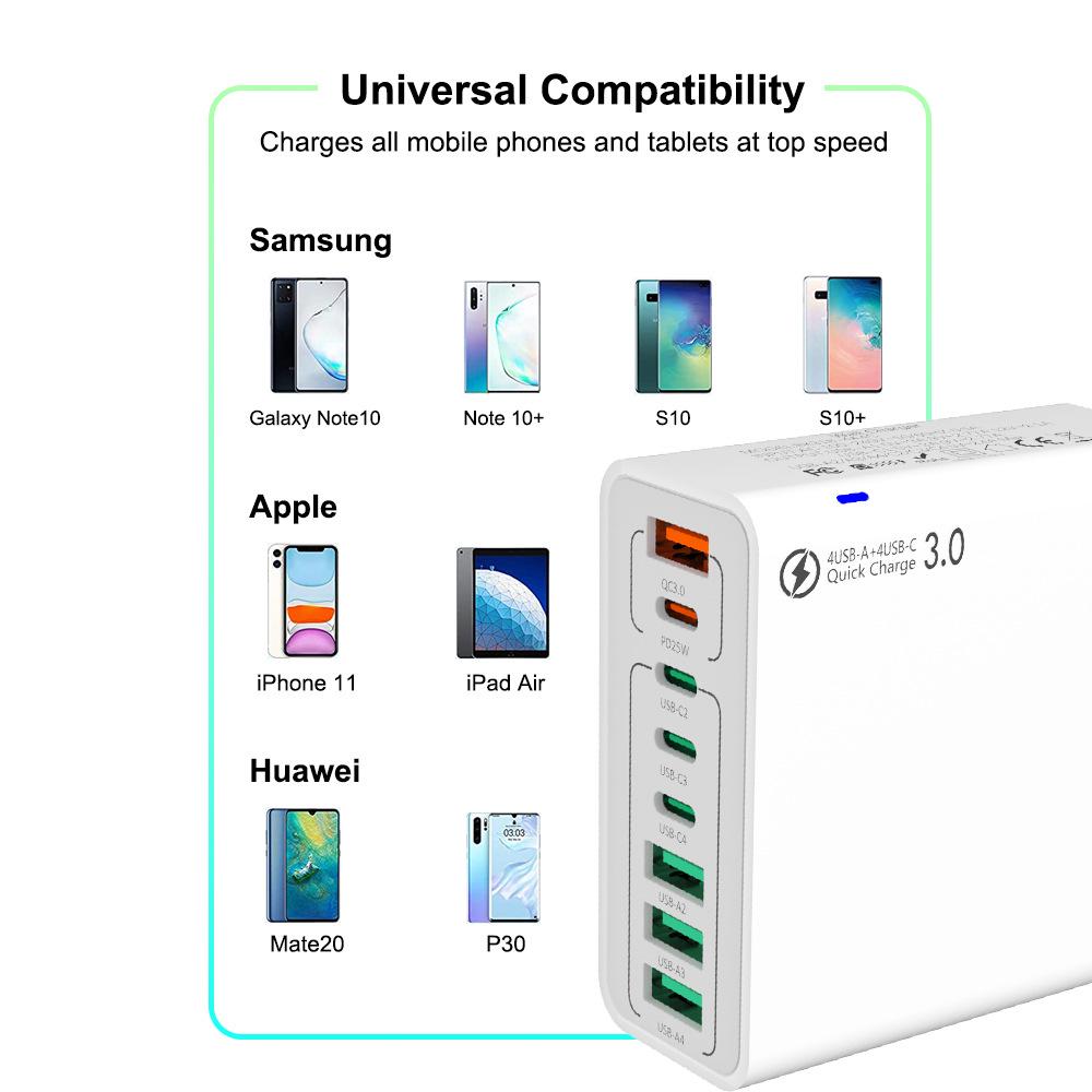 PD 55W Fast Charger, 8-Port USB & PD, QC3.0, EU/US/Korea Standard