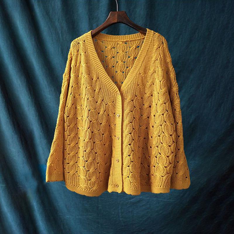 Sweaters Coat Cardigan for Women Winter Oversize Hollow-out Solid Color Loose Long Sleeve Knit Sweaters Coat