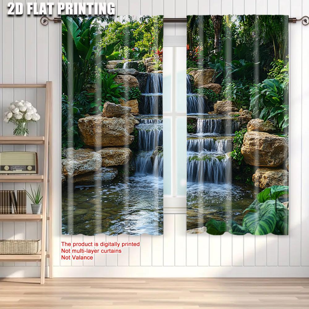 2pcs   Creative Curtains  print Mountain Rocks_ Flowing Water_ Lake_ River_ Green Forest_ Trees Nature Scene Versatile