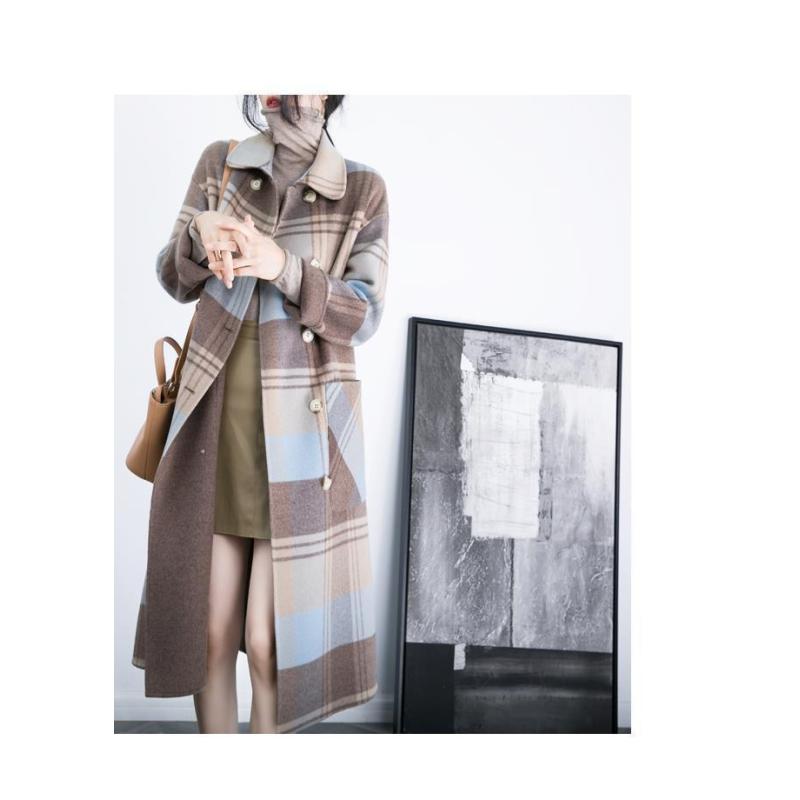 Tooxika Plaid Woolen Coat Winter New Style Over Knee Double-breasted Large Pockets Loose Mid-length Coat
