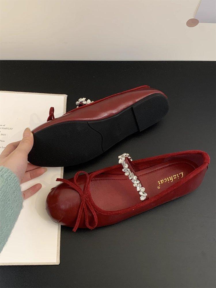 

French beautiful rhinestone word with flat bottom Mary Jane Doudou shoes bow not tired feet soft sole ballet single shoes women 35