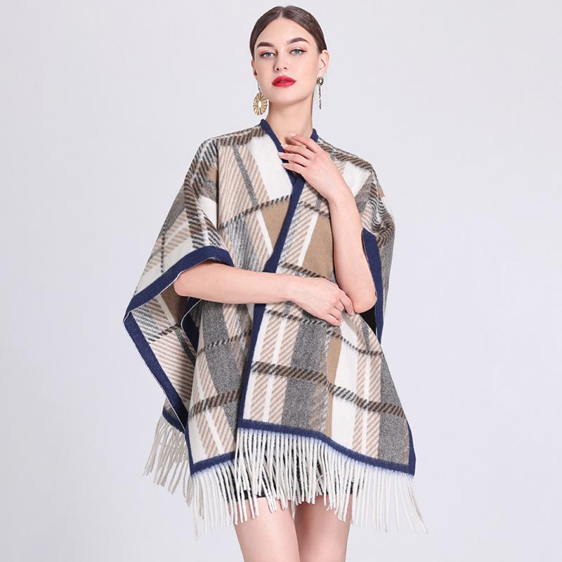 Herbst und Winter Fransen Schal Cape Damen Plaid Cardigan Große Größe Cape Schal Tweed Jacke