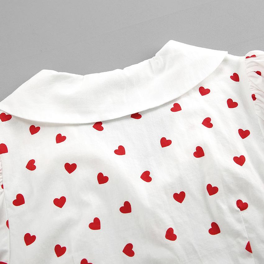 

Spring European and American love printing small white dress women s cotton and linen bubble sleeve A-word dress commuter women s clothing L