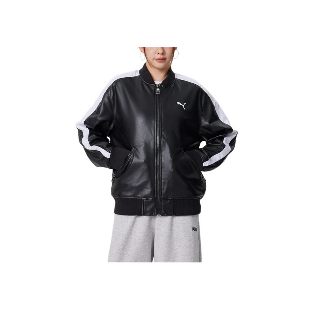 Puma T7 Kunstleder Bomberjacke mit Logo Lockerer Schnitt Retro Baseballkragen Reißverschluss Langarm Unisex Jacke 636319-01