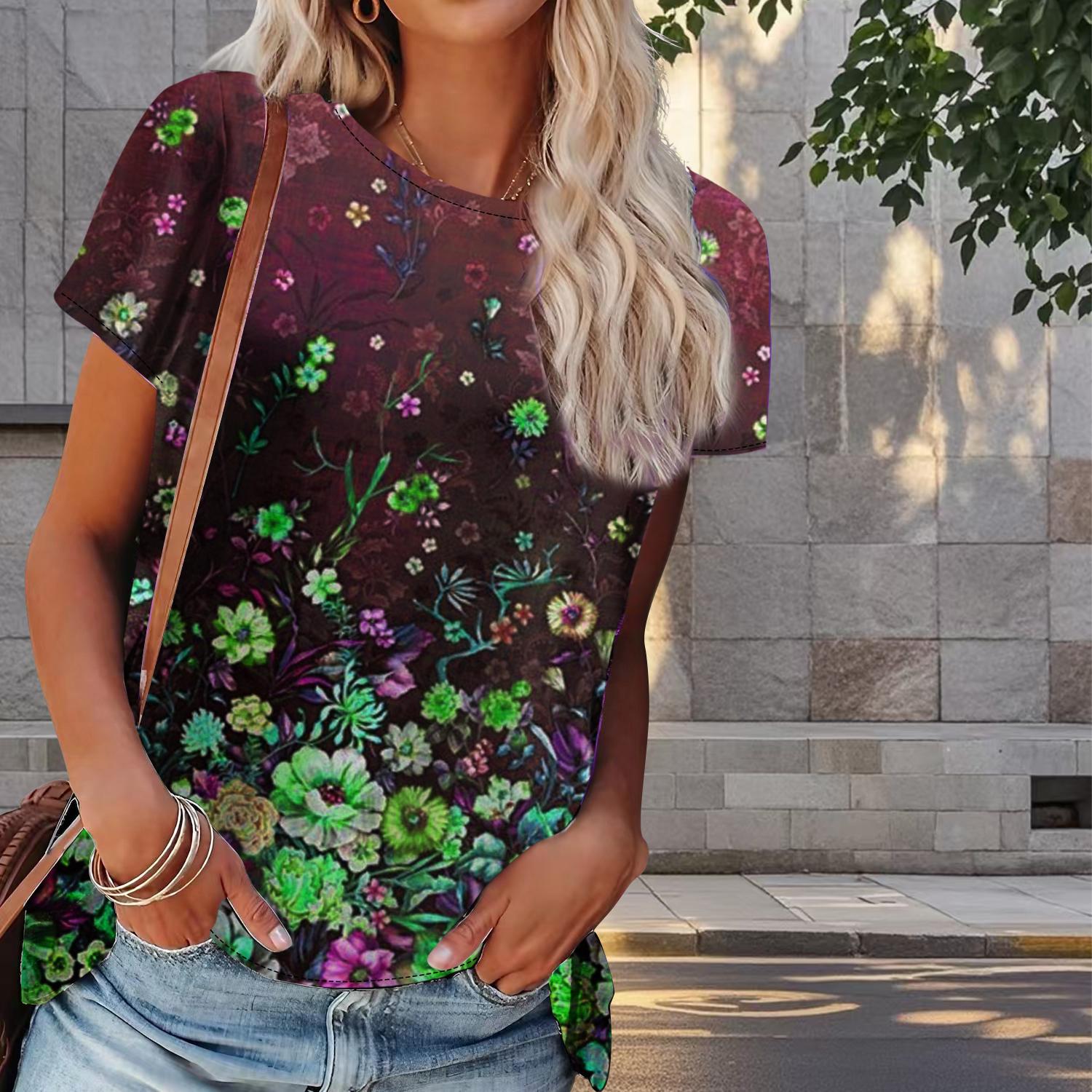 

Женская летняя футболка с красивым цветочным принтом в стиле ретро, футболки с коротким рукавом, повседневные топы с принтом 8XL розовый