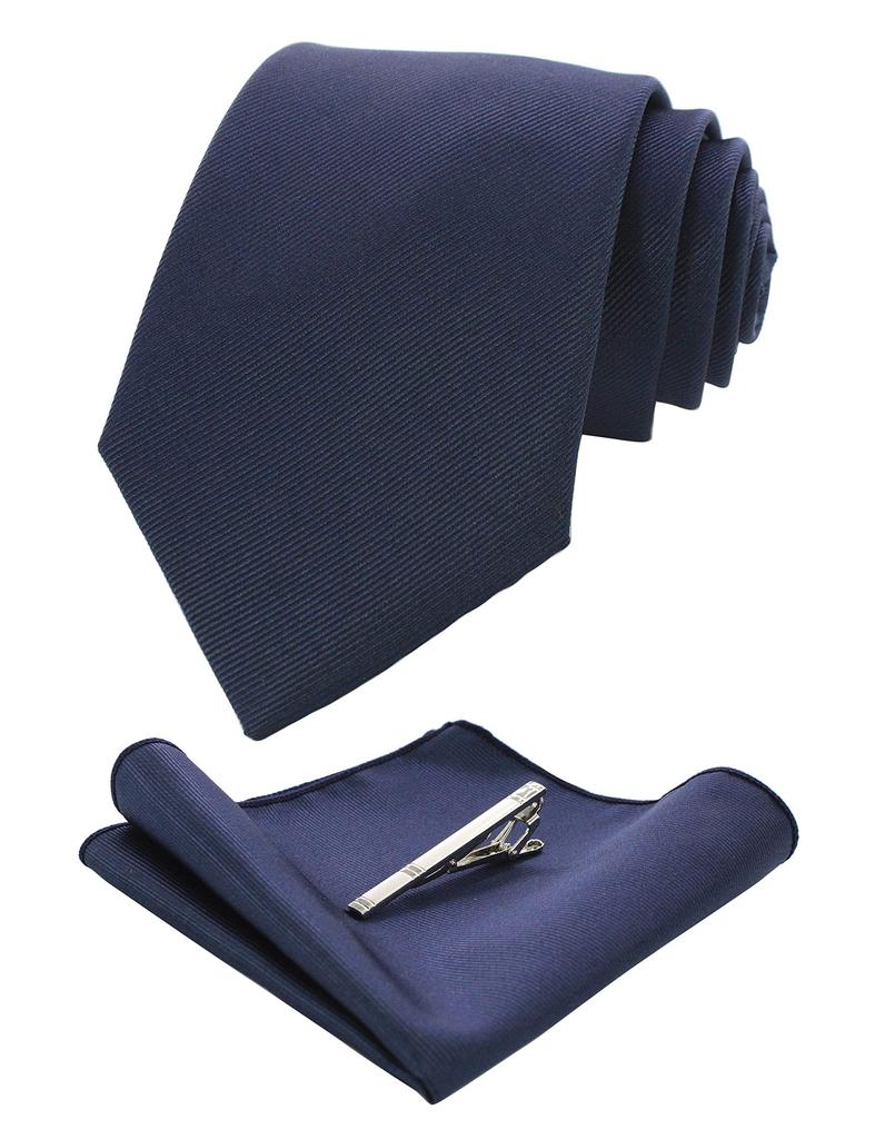 [Jemigins] Plain Navy Blue Silk Tie, Pocket Square, Business Suit Tie, Tie Pin, and Handkerchief Set