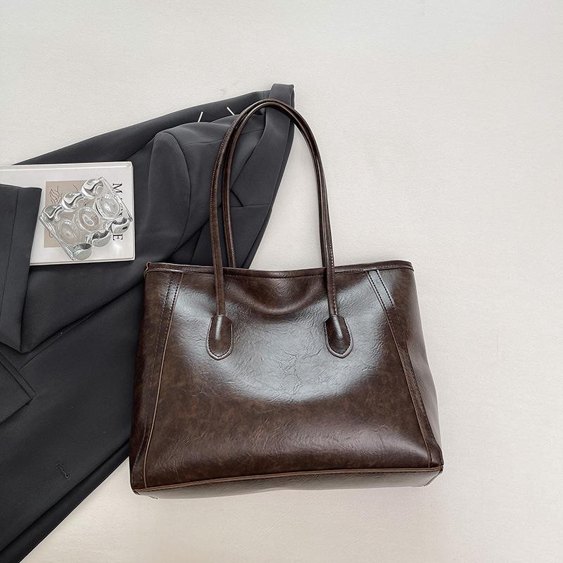 Vintage Large Capacity Faux Leather Tote Bag for Women, Chic Korean Style Commuter Shoulder Handbag, Soft Texture Fashion Work Bag