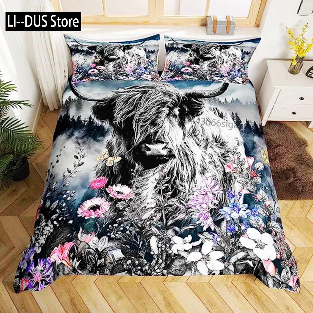 

Пододеяльник с изображением коровы Хайленд Цветок King Size Bull Cat Комплект постельного белья Western Funny Animal Комплект одеяла Wildlife Farmhouse 135x200cm