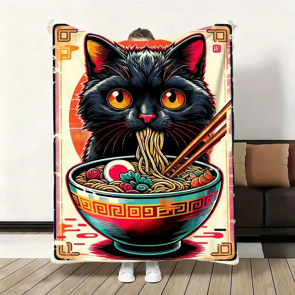 Black Cat Ramen Soft Flannel Blanket  Oversized Warm SkinFriendly Throw for Sofa Bed Office Travel  Winter Comfort