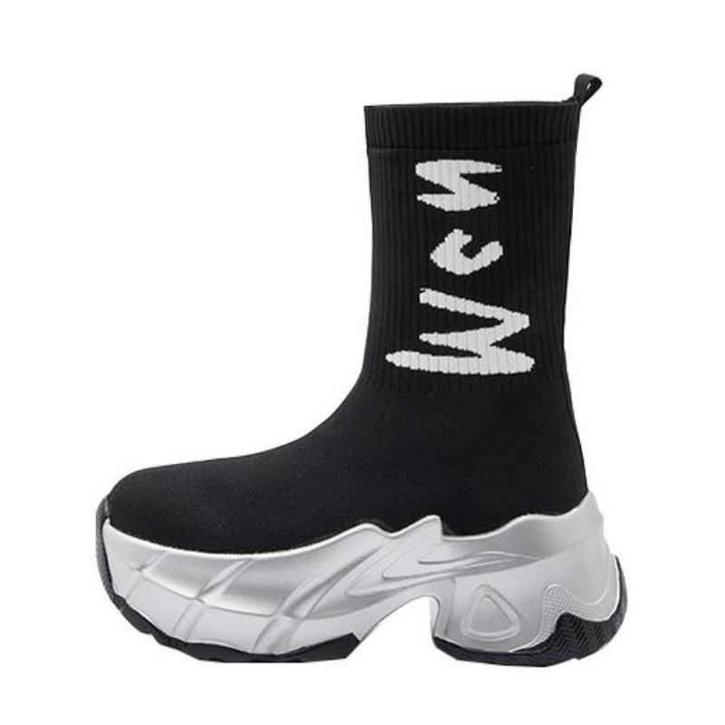 

6cm Synthetic Cloth Streth Knitted Fabric British Fashion Women Platform Wedge Autumn Spring Boots Knee High Boots Shoes 39 чёрный