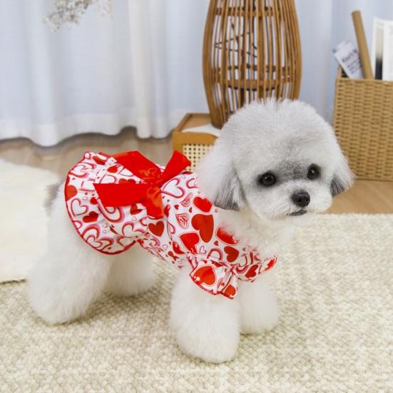 Hundekleid mit roter Schleife Herz-Aufdruck Flatterärmel Rüschensaum Haustier Kostüm Outfit Bekleidung für kleine Hunde Katzen