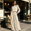 Women's Casual Velour Two Piece Outfit with Pleated Top and Wide Leg Pants