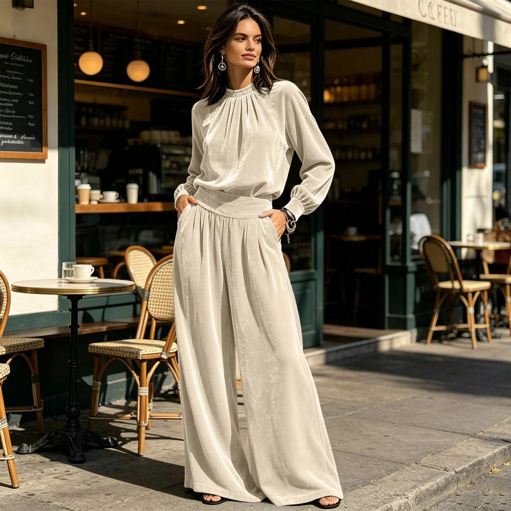 Women's Casual Velour Two Piece Outfit with Pleated Top and Wide Leg Pants