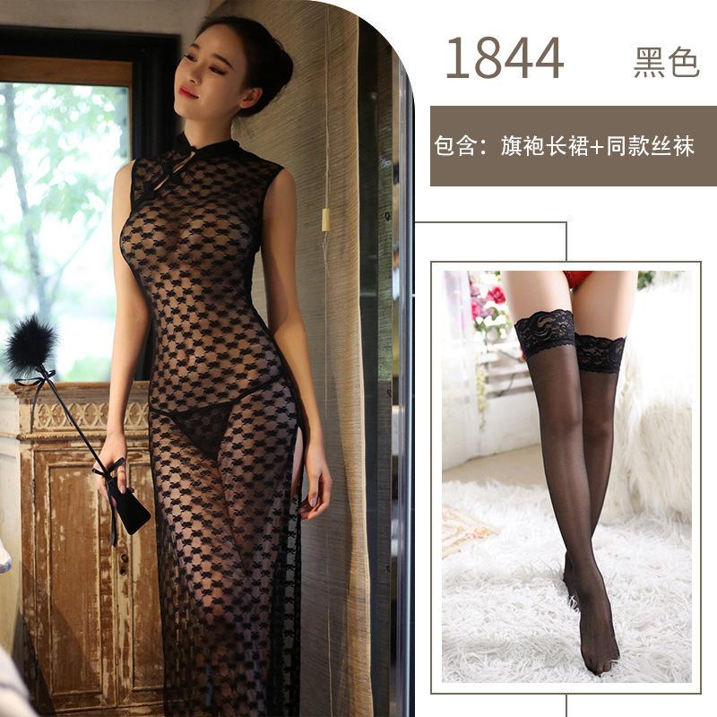 Sex Underwear Sexy Lace Classic Button Cheongsam Side Slits Perspective Breast Sex Uniform Temptation