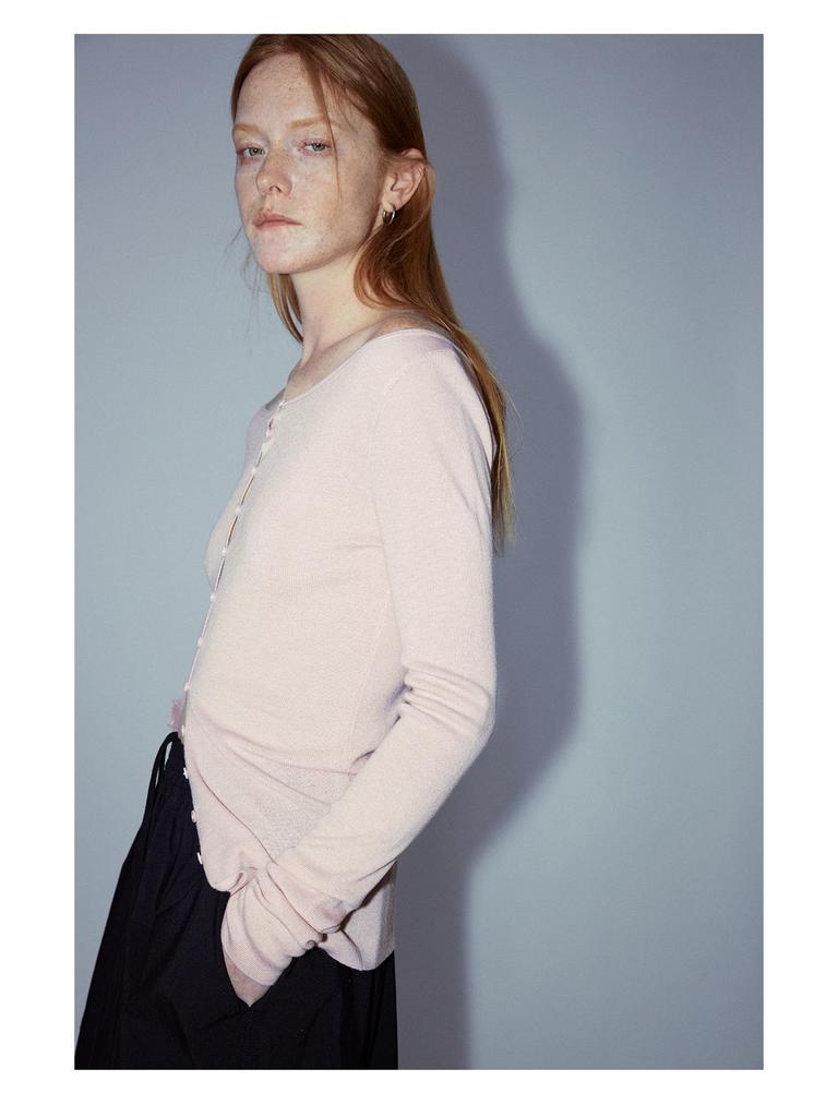 [Shi Shi] Women's Slim Fit Wool Cardigan - Boat Neck, Single-Breasted, Long Sleeve, Slightly Elastic, V8141