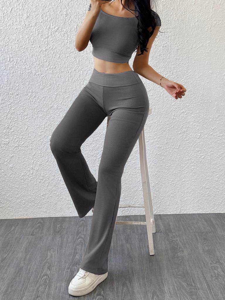 Women Y2K Solid Color Crop Top Long Pants Set Slim Sexy Casual Sportswear Summer