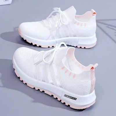 Nieuwe Fly-Knit Sneakers Dames Mesh Ademend Mode Witte Schoenen Trendy Kokosschoenen