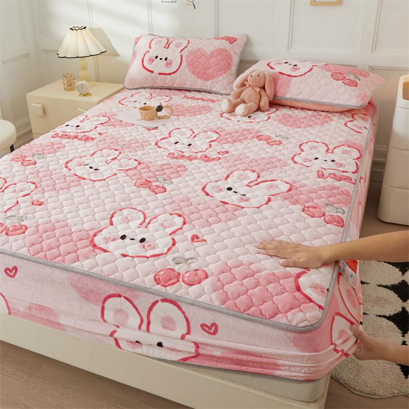 Mother-and-baby Milk Velvet Padded Bedspread with Cotton Padded Single and Double Simmons Bedspread Mattress Protective Cover