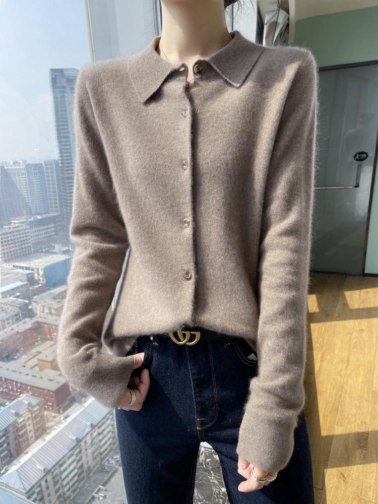 Pure Wool Women's Polo Collar Knit Cardigan – Autumn/Winter, Solid Color, Skin-Friendly, Single-Breasted Outerwear.