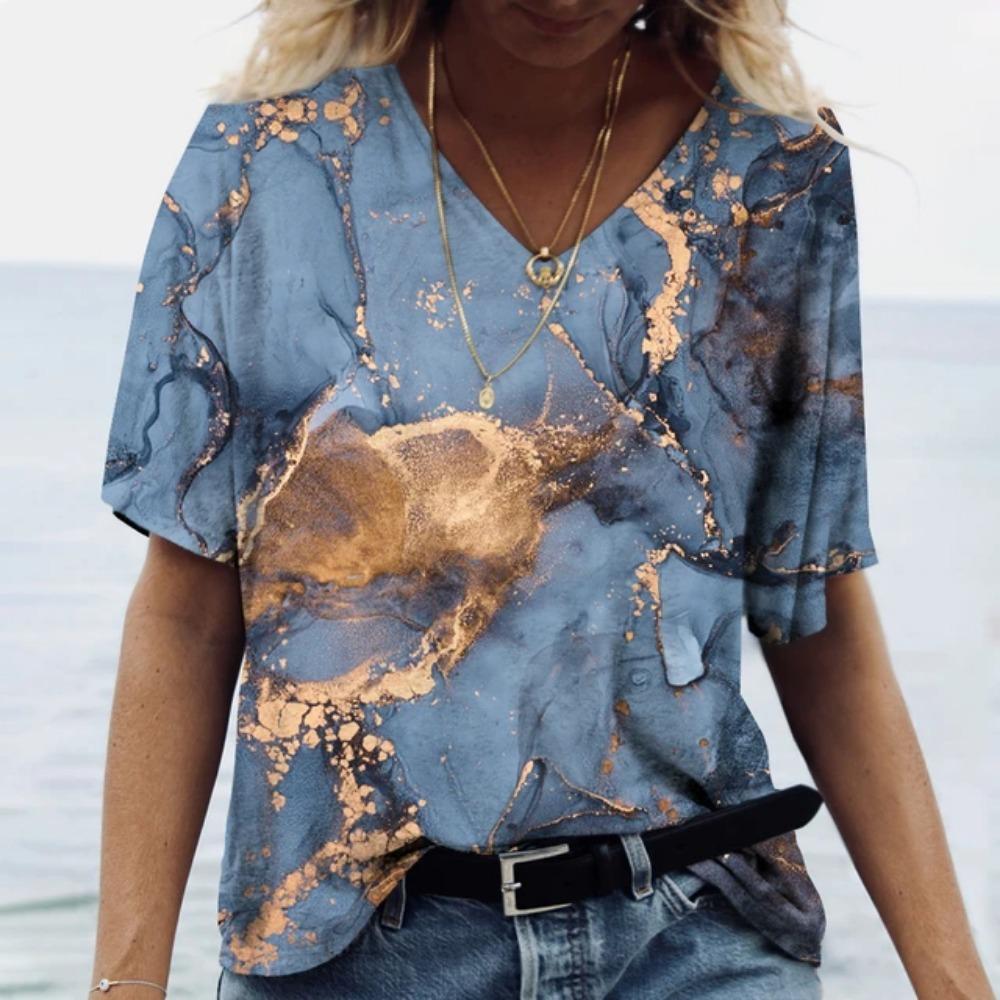 2024 neues 3D T-Shirt bunt V-Ausschnitt große Oberteile locker Sport T-Shirt Street Fashion Y2K