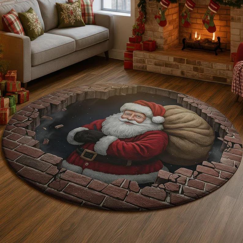 3D Christmas Round Rug – Quilted Tree Skirt with Cozy Library Design, Festive Holiday Home Decor