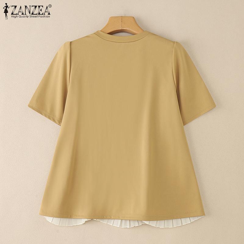 ZANZEA Bluză casual de vară pentru femei, cu gât rotund, mânecă scurtă, cu aplicații