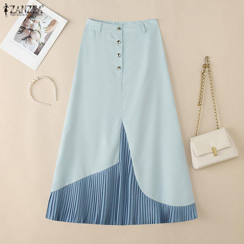 VONDA Women Casual Zip-up Waist Patchwork Pleating Loose A-line Long Skirts