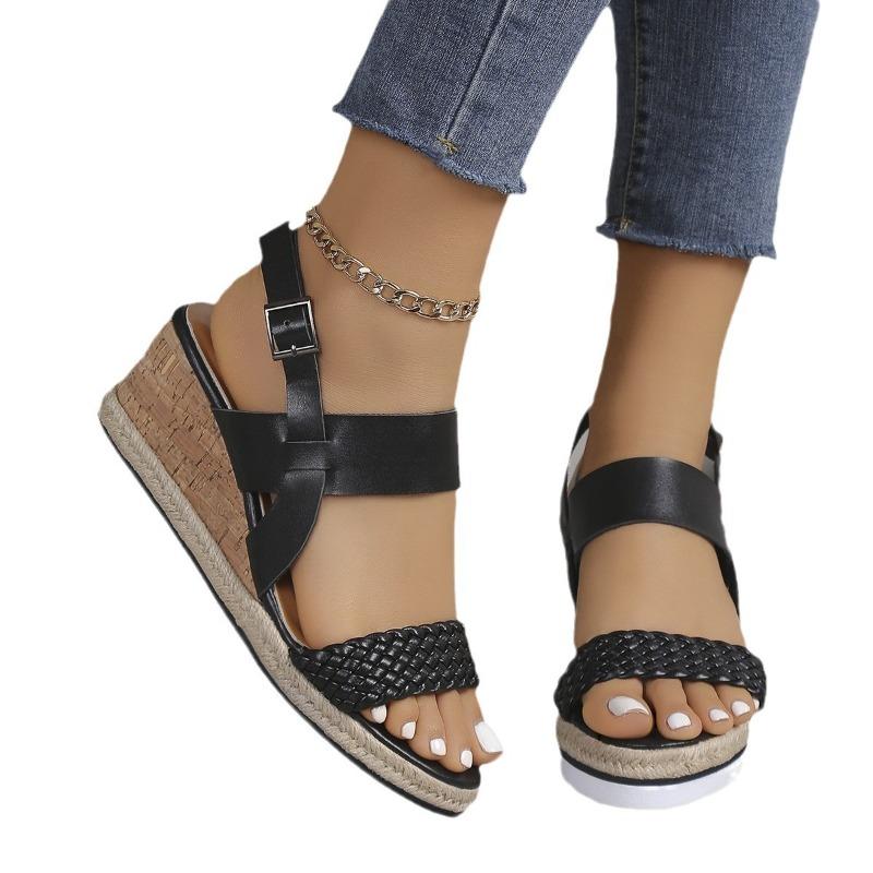 Large size one-word with wedge heel sandals women's buckle thick-soled woven lightweight beach cool slippers