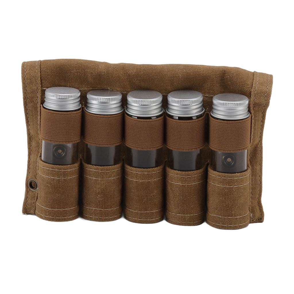 Spice Bottle Bag Wet Wax Canvas Portable Seasoning Storage Bag with 9 Glass Seasoning Bottle for Outdoor Camping Khaki