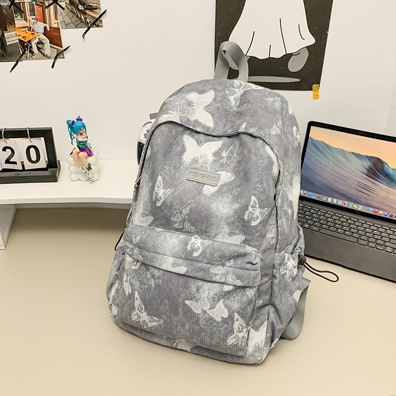 Women's Butterfly Printed Backpack Corduroy Student School Bag Large Capacity Class Backpack