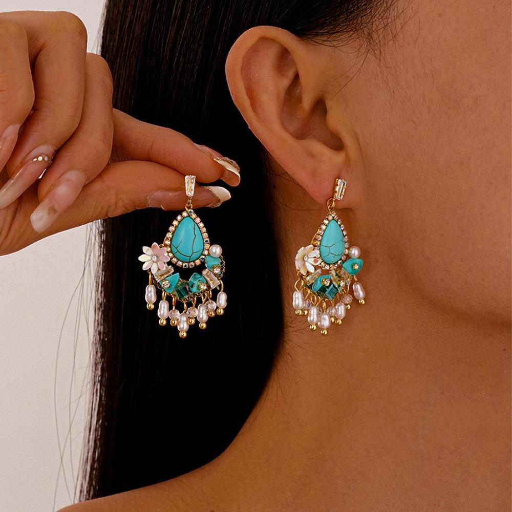 Pearl Flower Shape Bohemian Turquoise Earrings Bohemia Style Earrings Pendant  Summer Party