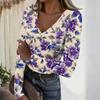 Women's Casual V-Neck Floral Print Long Sleeve Ribbed Top for Everyday Wear