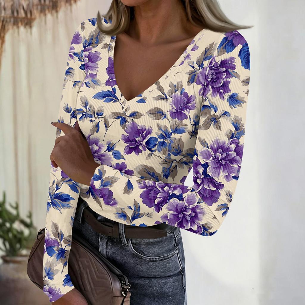 Women's Casual V-Neck Floral Print Long Sleeve Ribbed Top for Everyday Wear