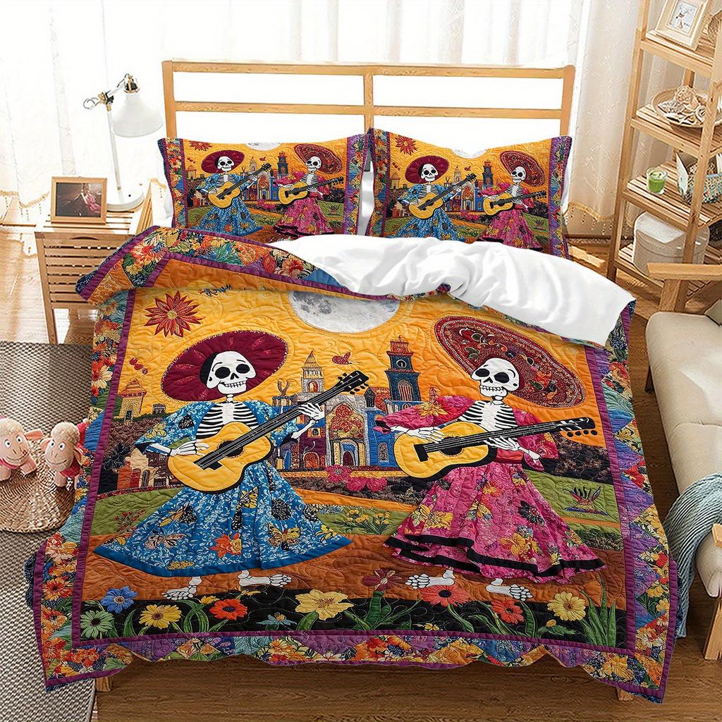 3pcs Boho Mexican Skeleton Bedding Duvet Cover Set Dia De Los Muertos Bedding Quilt Set Day of the Dead Themed Bed Set Fiesta
