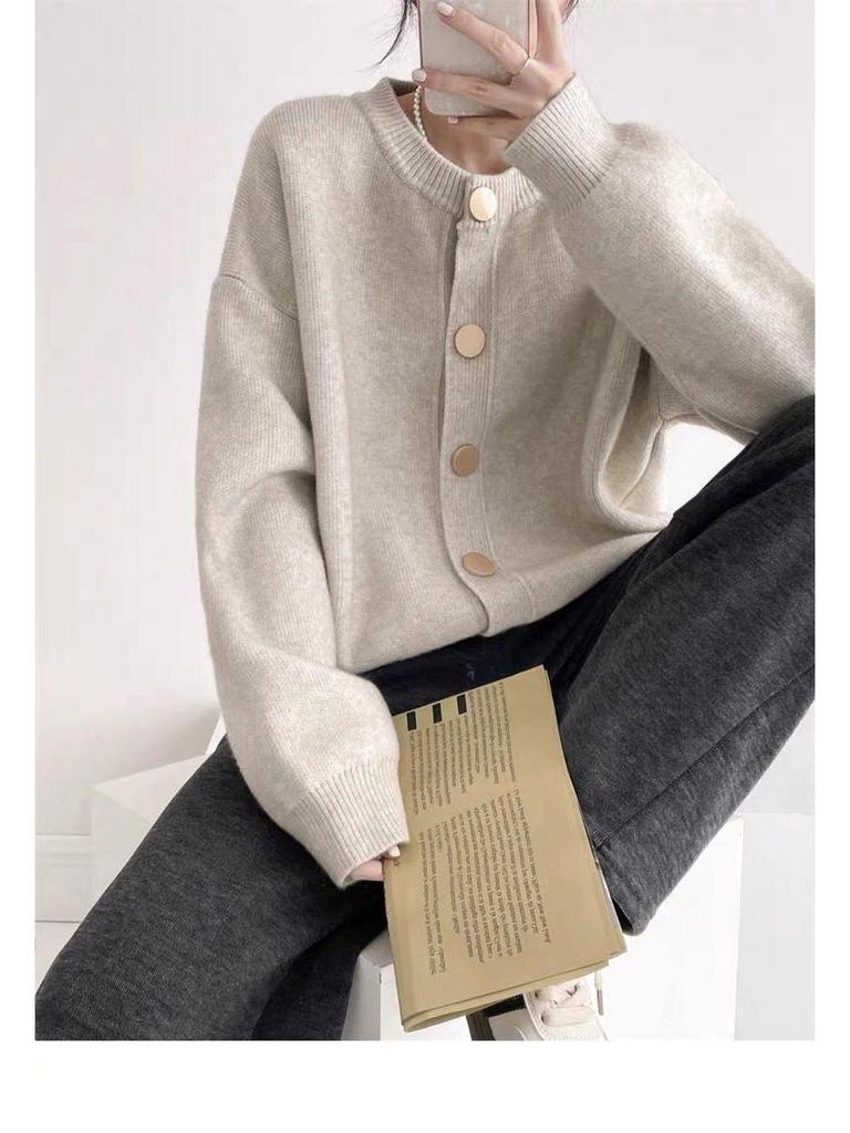 Design-Sense Einfarbiger Strickcardigan - Lockerer Rundhalsausschnitt, Einreiher, Vielseitig für Herbst/Winter 2024