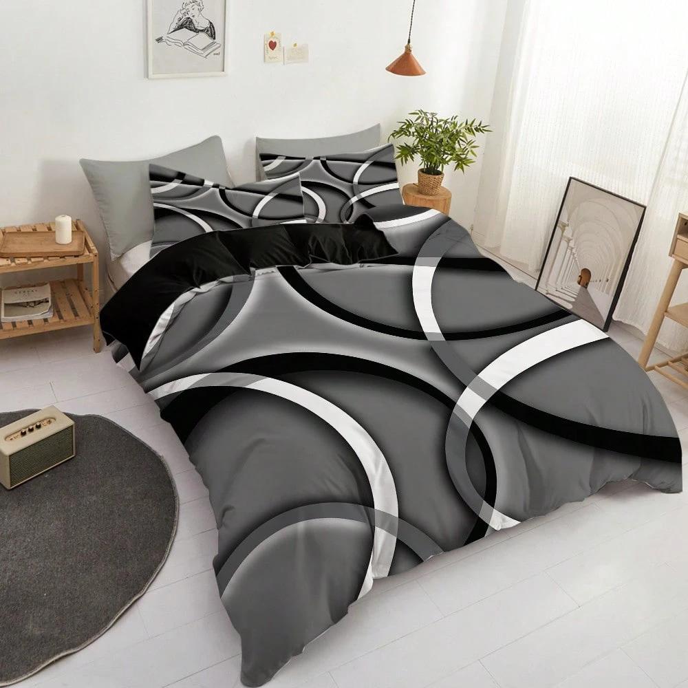 3pcs Modern Abstract Geometric Lines Duvet Cover Black, White And Grey Bedding Set Swirls Printed For Adult Single Full Size