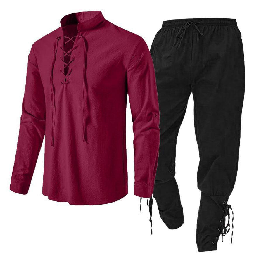 2Pcs Men's Medieval Knight Costume Set Renaissance Cosplay Pirate Shirts Ankle Banded Pants for Halloween Cotton Linen Fabric