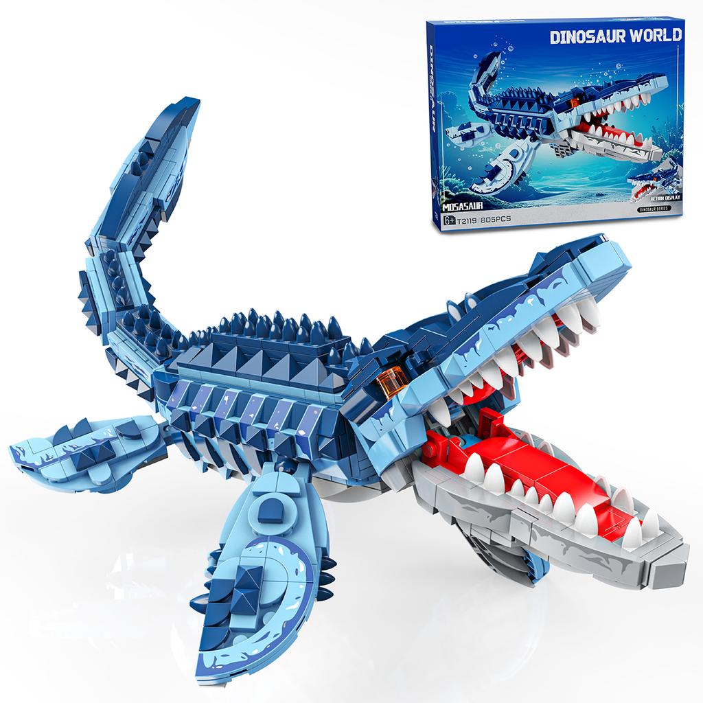 Non-Toxic 805Pcs Blue Dinosaur Building Blocks Toys Model Mosasaurus Dinosaur Assemble Puzzle Bricks Toy Sets For Kid Ornament Gifts