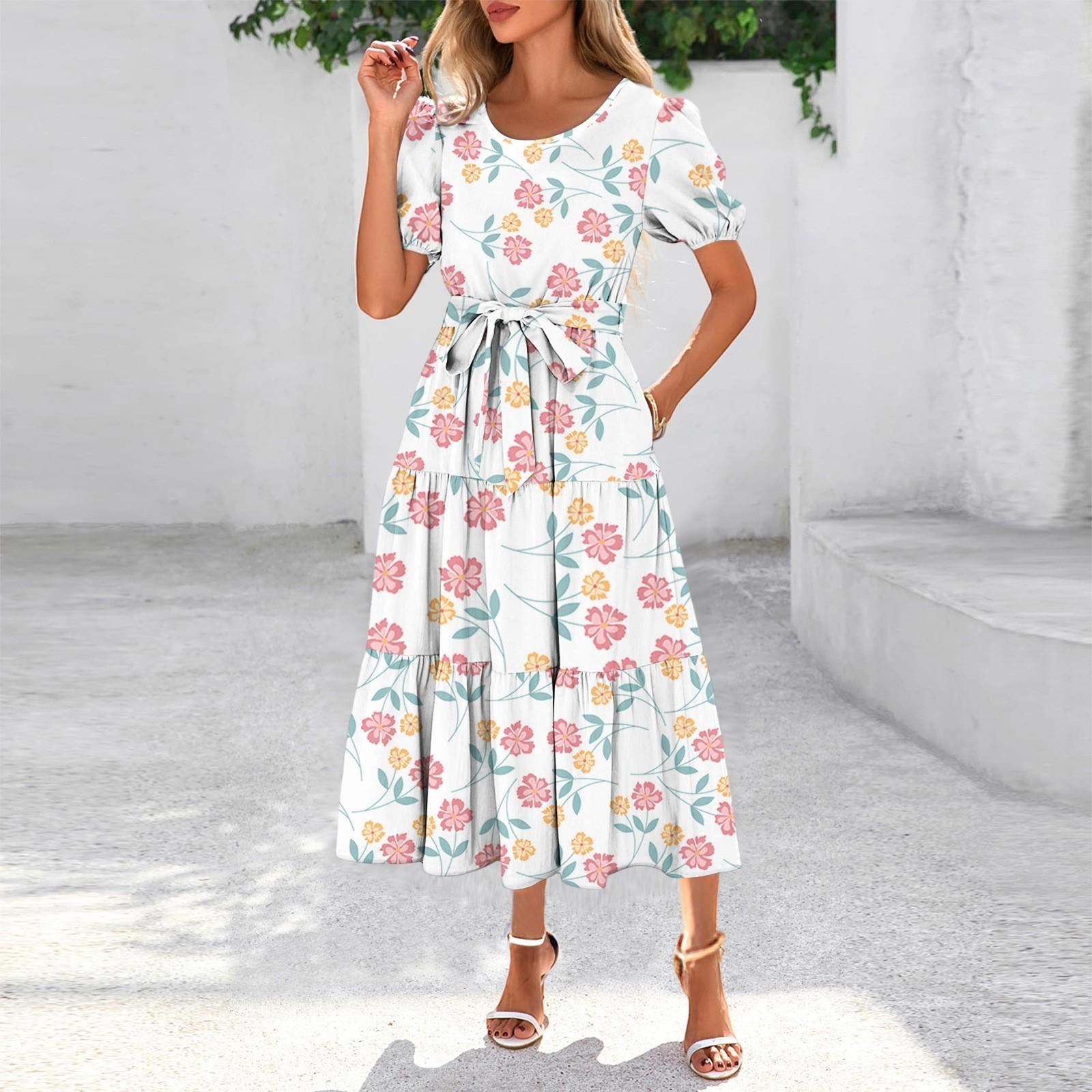 

Жіноча літня богемна максі-сукня з коротким рукавом, круглим вирізом, поясом та кишенями XL білий