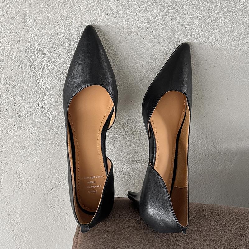 Cowhide Version~ Versatile High Heels Women's One-pedal Professional Work Shoes Shallow Mouth Pointed Temperament Single Shoes Non-slip