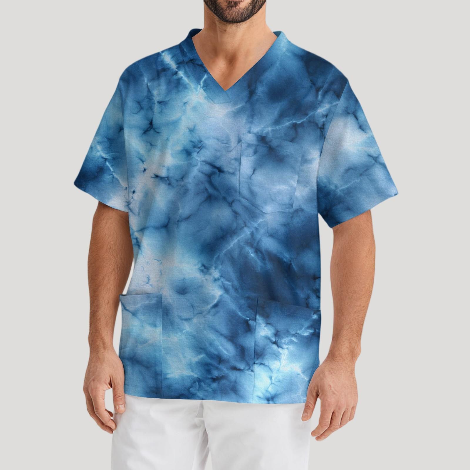 

Мужская рабочая блузка с короткими рукавами и v-образным вырезом с принтом, топ с нагрудным карманом XL синий