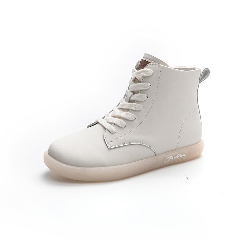 Large size high-top single shoes women's soft leather flats fashion lace-up casual short boots 2025 autumn and winter leather white shoes